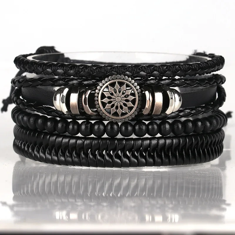 Vintage 4Pcs /set Bracelet for Man Hand-woven Bracelet Set Retro Beads Leather Bracelet Trend Bracelet Jewelry Hand Band for Men