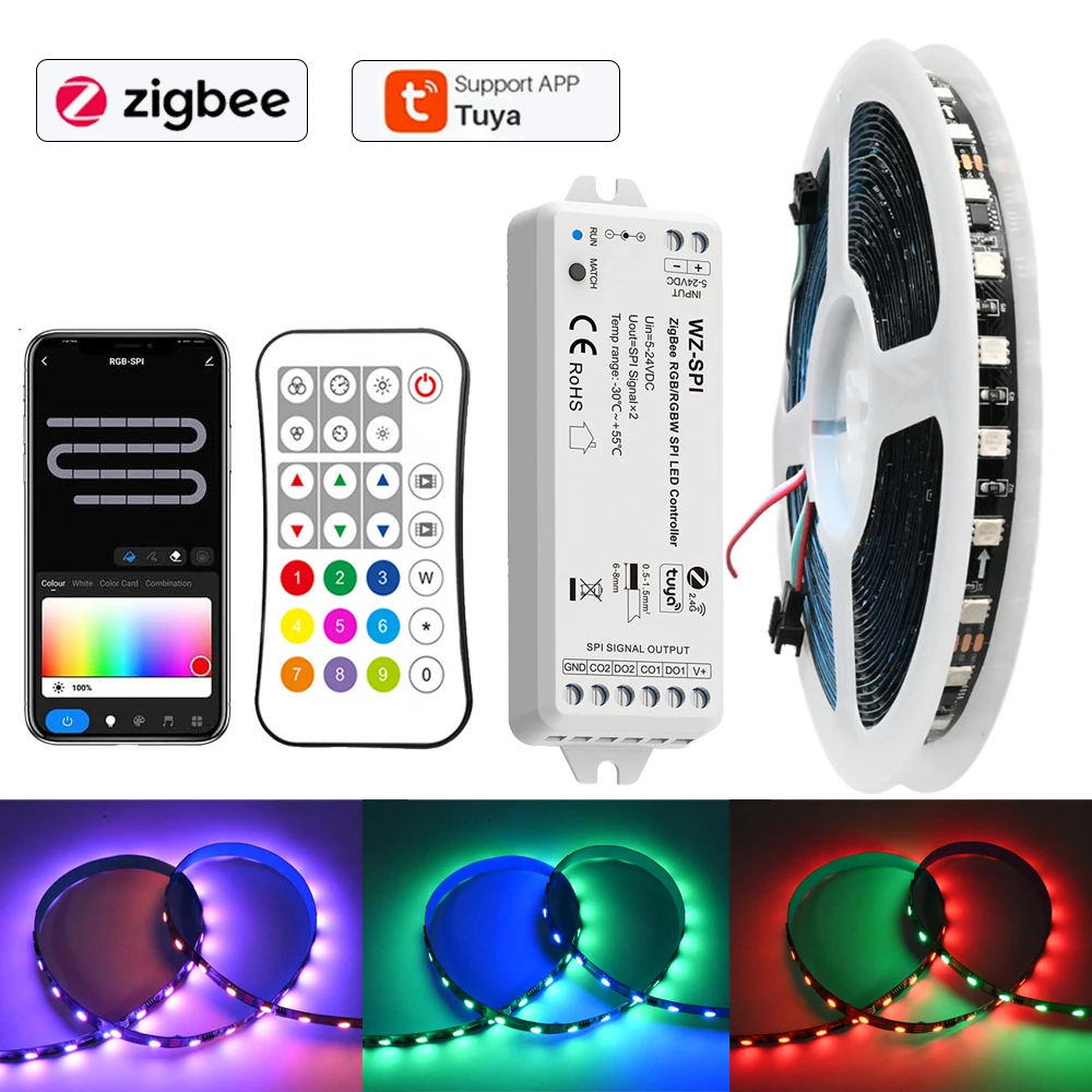 

Светодиодная лента Tuya Zigbee WS2811 RGBIC, гибкая светодиодная лента 5 м 10 М 5050 Dream Color, пульт дистанционного управления 2,4 ГГц, полный комплект f Alexa Google Assistant