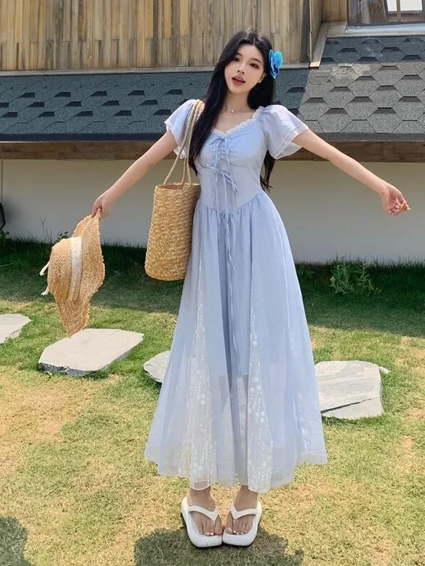

Sweet Knot Maxi Dress Summer New Style Waist Cinching Slimming Design Netting Splicing Long Skirt A-Line Korean Style
