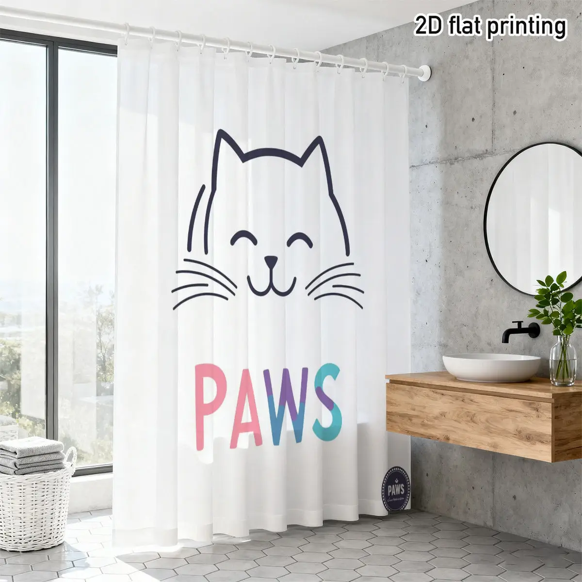 Minimalist Cat Shower Curtain 72x72 Polyester Washable – Smiling Line-Art Kitten Face + Color-Block 