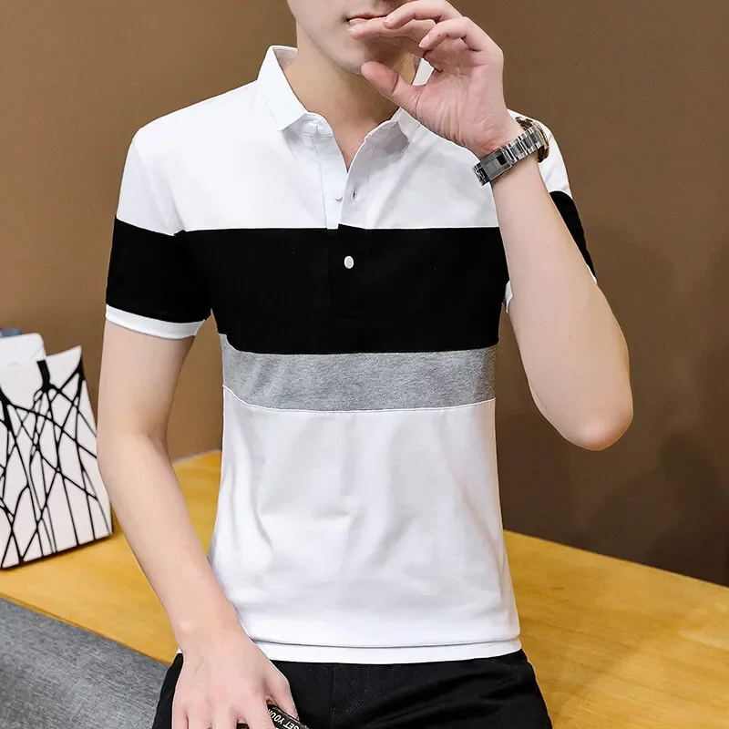 Casual Summer New Striped Contrasting Lapel Men's Versatile Commuting Cotton Loose Short Sleeved POLOT Shirt Top ZL49