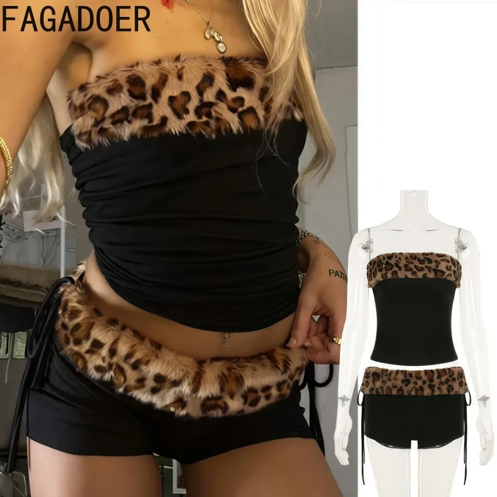 

FAGADOER R Y2K Sexy Leopard Furry Patchwork 2 Piece Sets Women Outfit Tube Crop Top And Black Suits Hot Girl Streetwear Clothing