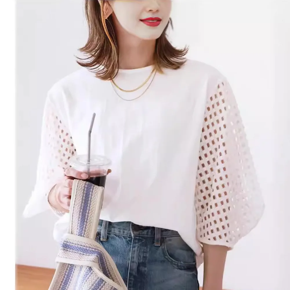 

Lotte Shoulder Short Sleeve T-shirt Women's Summer Design Feeling Hollow Lace Half Sleeve T-shirt Cotton Top