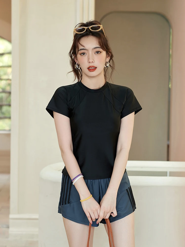 

Купальник большого размера с высокой талией для женщин, термостойкий, для бассейна, раздельные бикини-шорты, нейлоновый материал, круглый вырез горловины