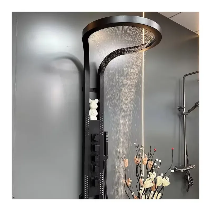 Stylish Black Brass Wall Mounted Multifunctional Shower Panel Bathroom Great Falls Rain Shower Set