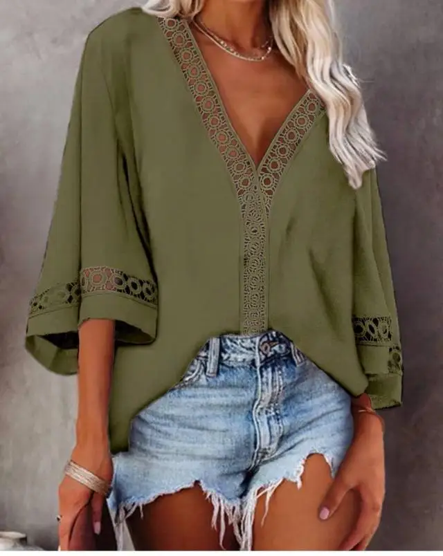 Lace Shirt Women Streetwear Summer 2024 New Shirt V-neck Hollow Tops Fashionable and Versatile Comfortable and Casual T-shirt