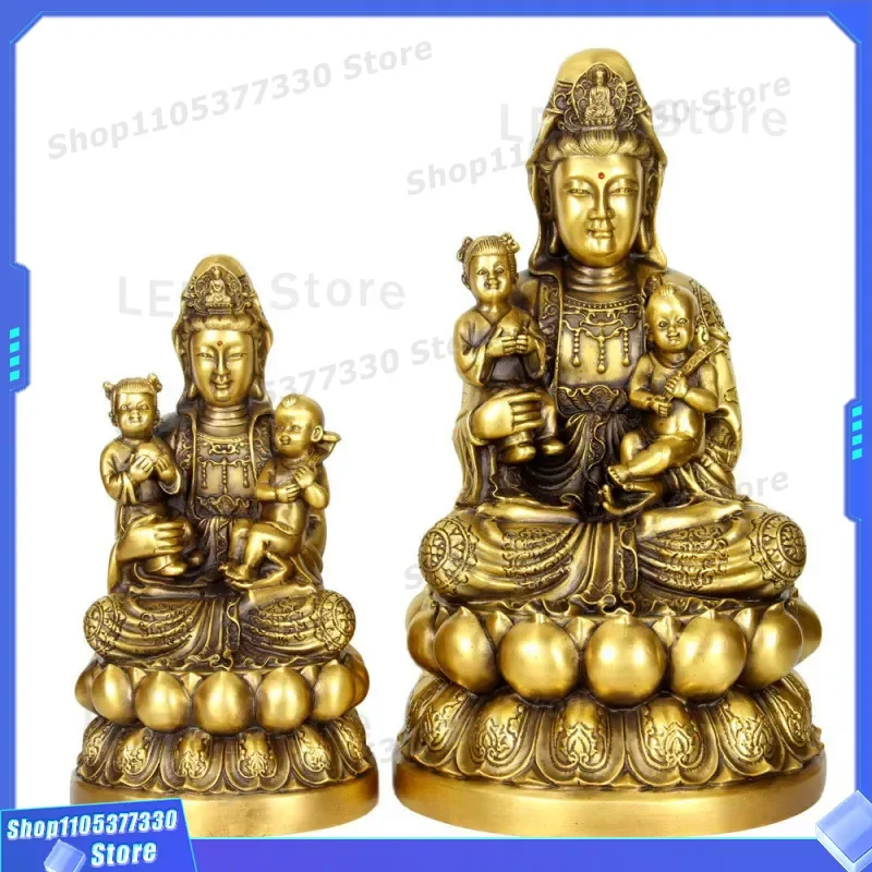 Solid Brass Guanyin Bodhisattva Statue for Home Decor Feng Shui Ornament Send Child Goddess Craft Accessories Desktop