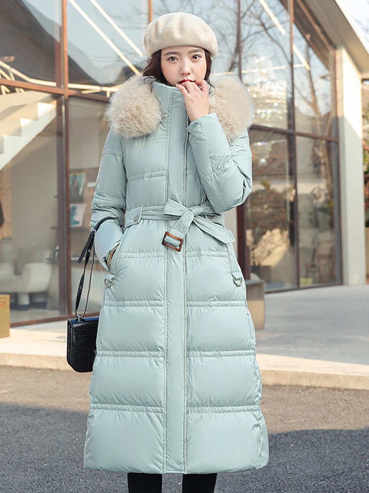 

Женская зимняя новая длинная парка выше колена, пальто с меховым воротником, модное универсальное утолщенное пуховое хлопковое пальто с капюшоном