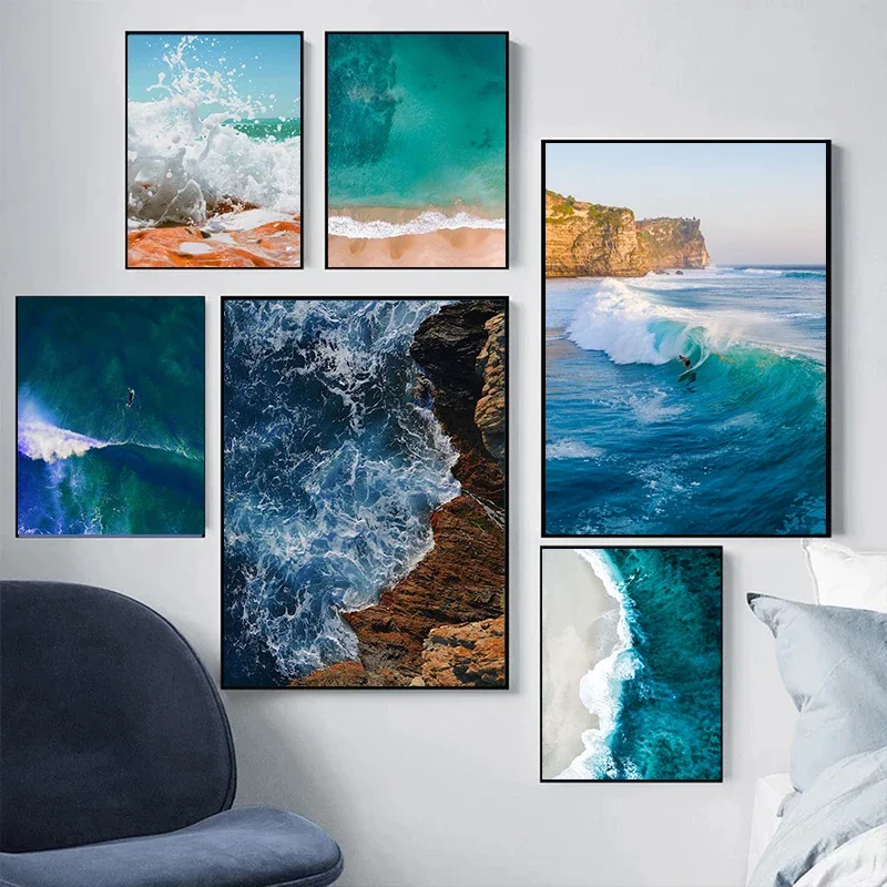 Modern Simple Ocean Landscape Poster Prints Beach Seascape Canvas Painting Wall Art Pictures for Summer Living Room Home Decor