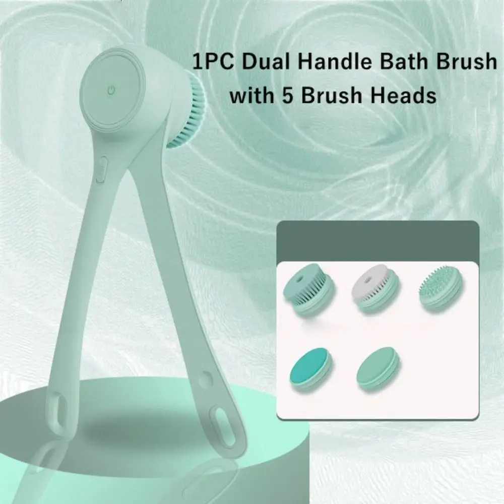 With 5 Brush Heads Dual Handle Bath Brush Long Handle IPX7 Waterproof Body Scrubber Exfoliating Massage Green Color Rechargeable