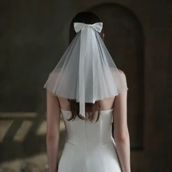 White Short Bridal Veil Soft Tulle Satin Ribbon Bow Shoulder Bride Veil with Hair Comb Women Headdress Veil V664
