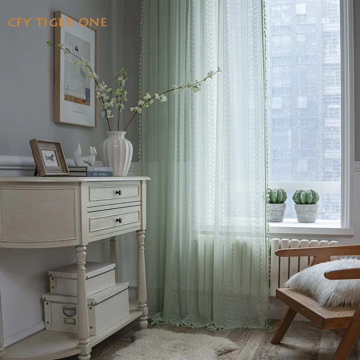 

Cotton Green Crochet with Translucent Countryside Window Curtain for Living Room Valance for The Luxury Living Room Easy Drape