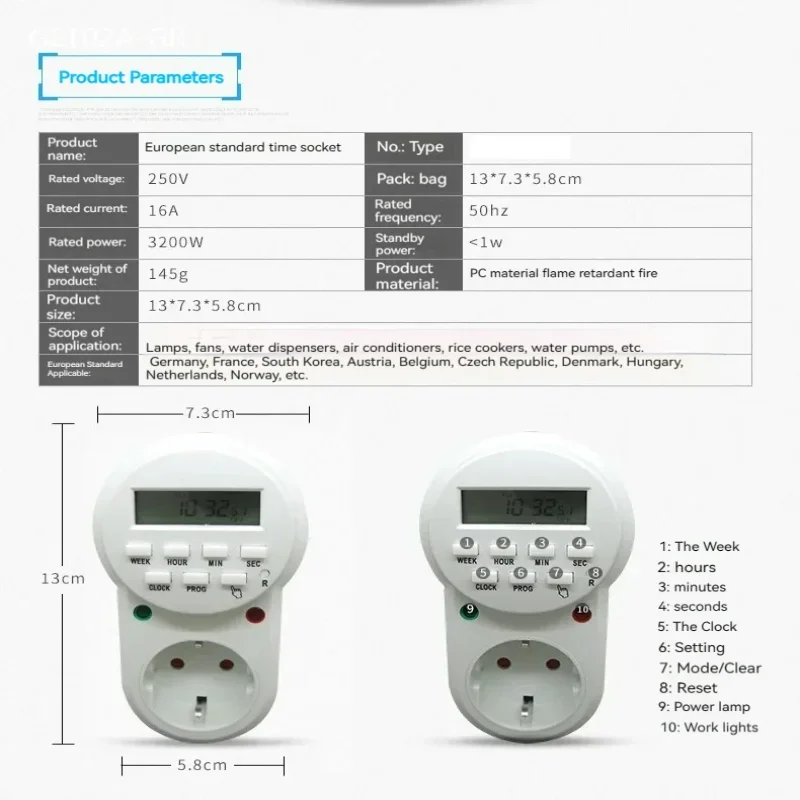 European Standard Timer Switch Household Intelligent Reservation Time Controller 16A 250V 3200W Weekly Digital Timer GET02A-GR