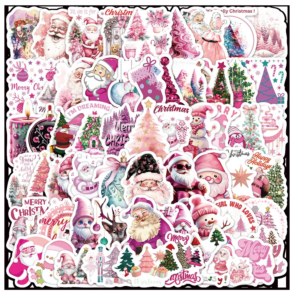 10/60PCS Pink Christmas Stickers Cute Cartoon Children Stickers Scrapbooking Gifts Decoration Decals PVC Waterproof Funny Toys