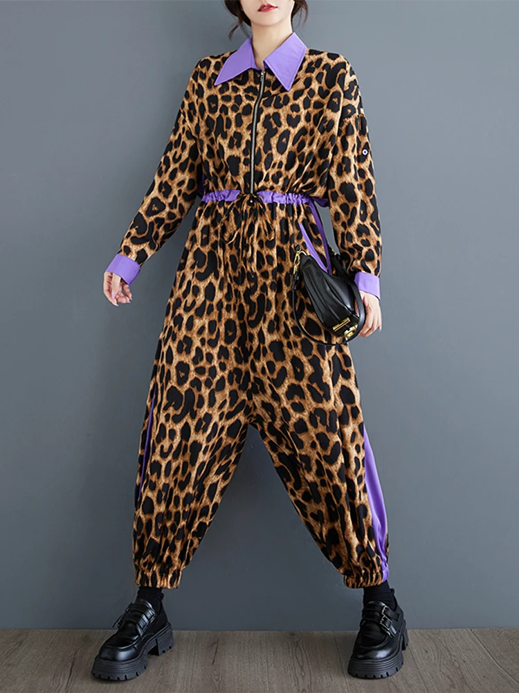 NYFS 2025 Spring Autumn New Korea Loose Plus Size Leopard Print Women Jumpsuit Trousers Female Cross-pants