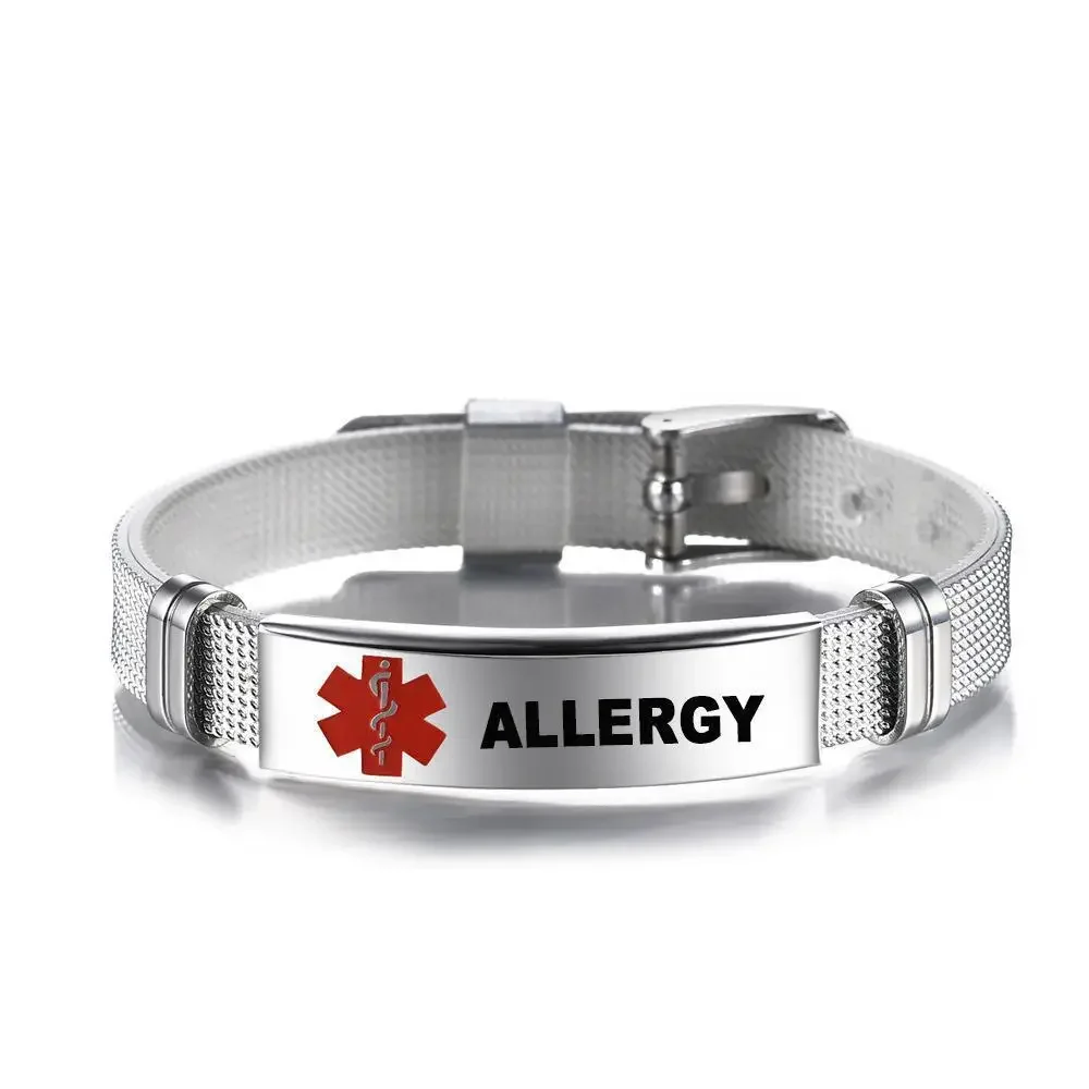 

Emergency Assistance ID Bracelet Surgical Medical Alert Allergy Awareness Adjustable Stainless Steel Curved Sign Warning Message