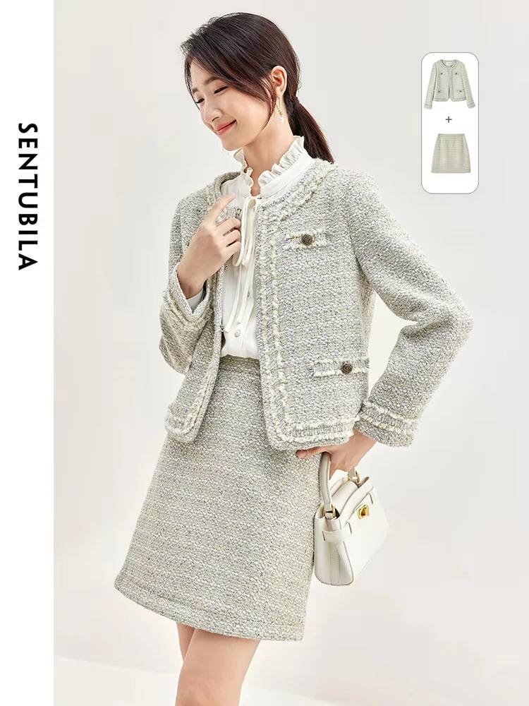 SENTUBILA Elegant Tweed Set Women\'s Outfits Cropped Jacket A-line Mini Skirt 2024 Spring Autumn 2 Piece Matching Sets 133Z50708