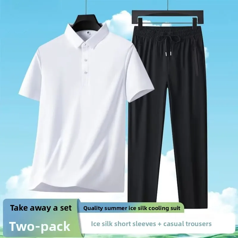 

Summer Men's Dad Short Sleeve T-Shirt Set Ice Silk Sports Casual Half Sleeve Shirt Loose Fit Long Pants Youth Ensemble