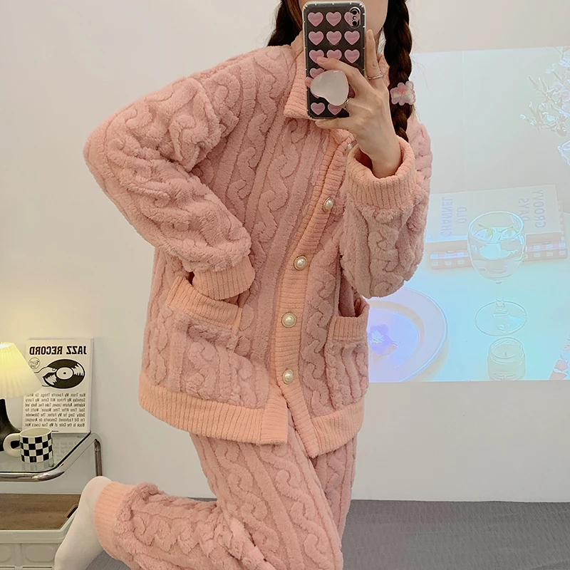 Pit Stripe Autumn and Winter Solid Color Pajamas Women's Thick and Warm Coral Fleece Cardigan Front Button Flannel Home Fur