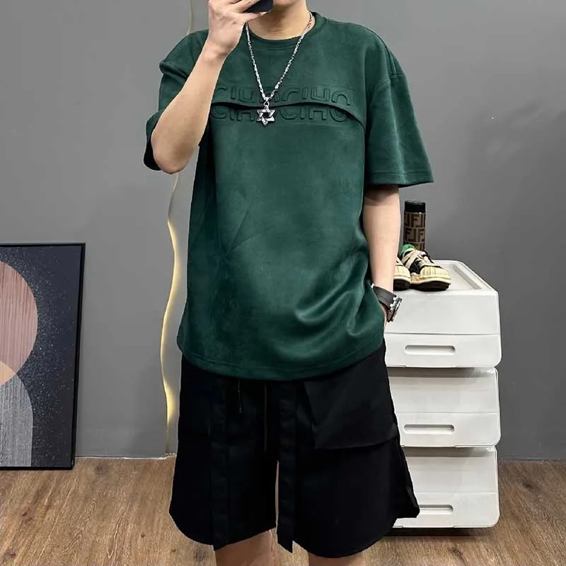 Fashion O-Neck Spliced All-match Solid Color Letter T-Shirts Men's Clothing 2024 Summer New Loose Korean Tops Casual Tee Shirt