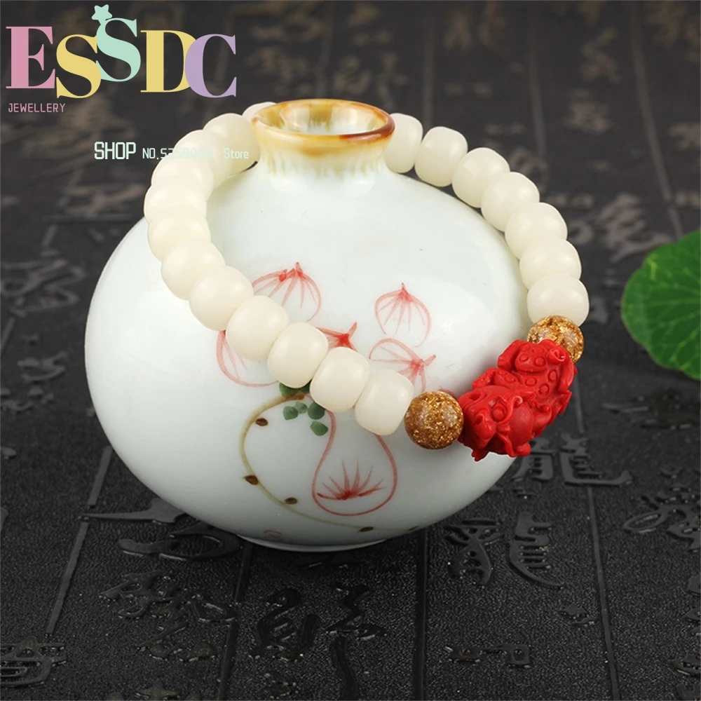 White Jade Bodhi Root Single Loop With Vermilion Pixiu Style Vintage Exquisite Fashion Jewelry Bracelet For Men And Women