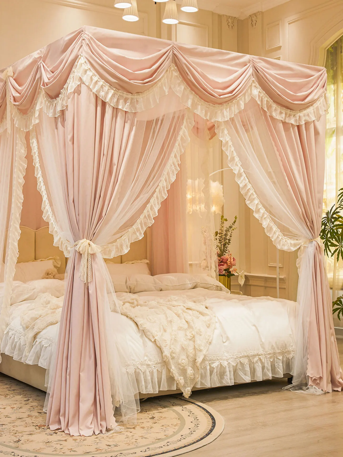 New Double Layered Blackout Curtain Bed Canopy  Style with Dual Poles Floor Standing Thicker for Bedroom Home Use