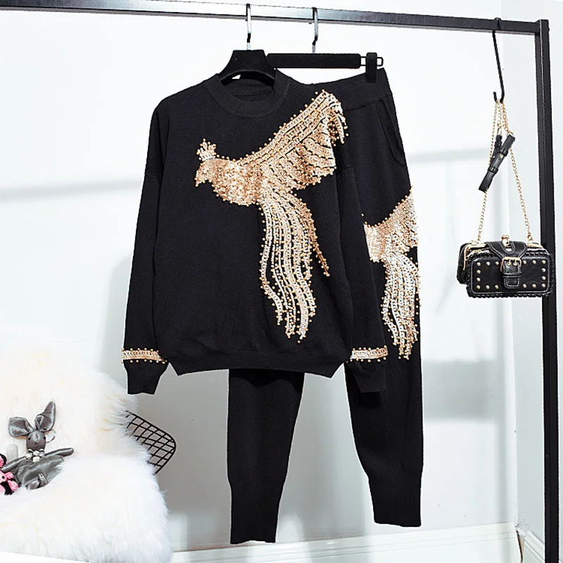 Fashion Black White Red Beading Sequins Phoenix Knit Tracksuit Set Women Loose Knitted Sweater Pencil Pants Outfits 2pc Female