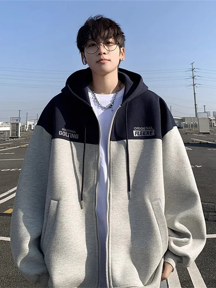 

Мужская бейсбольная куртка оверсайз с капюшоном, весенне-осенняя, в стиле колор-блок, кардиган-свитшот, американский свободный крой