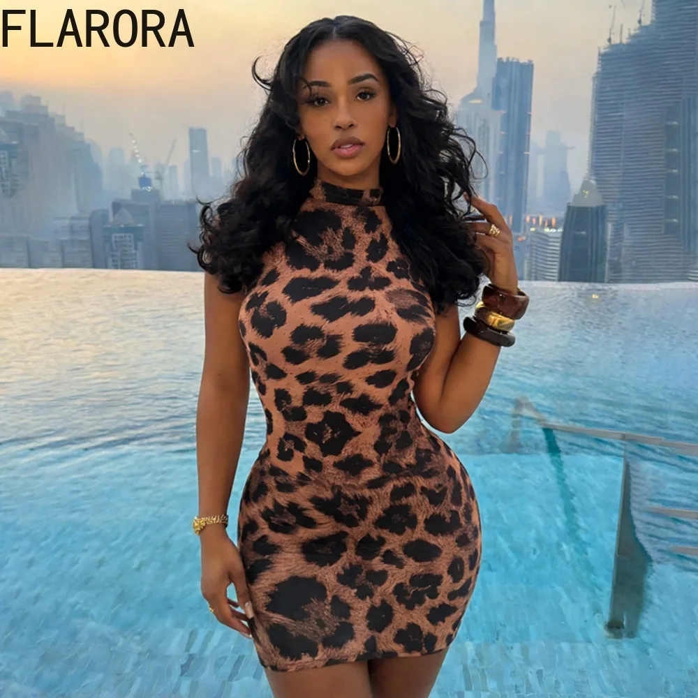 

FLARORA Sexy Leopard Printing Mini Dress Woman Trend O Neck Sleeveless Bodycon Dresses Hottie Midnight Party Clubwear Vestidos