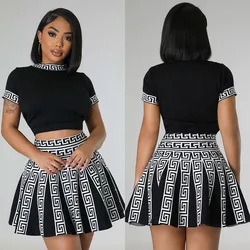 Ladies Printed Short-Sleeved O-Neck Skinny T-Shirt With Same Slim A-Line Pleated Skirt Urban Fashion Sports Skirt Suit