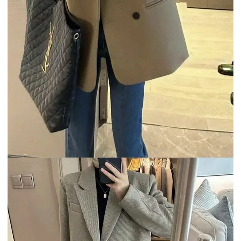 Outono e inverno feminino novo terno emendado colarinho botão bolso cor sólida solto versátil casual blazers de manga comprida