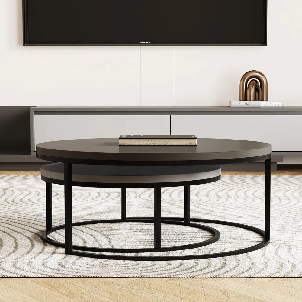 Conjunto de mesa de centro redonda moderna, mesas de coquetel aninhadas com pernas de metal preto, cinza escuro/cinza claro, fácil montagem, 31,5/23,7 inc