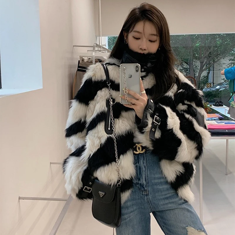 Zebra Pattern Real Fur Women's Winter Coats Fashion Short Motorcycle Tuscan Wool Jacket Zipper Lapel Double-faced Fur Overc