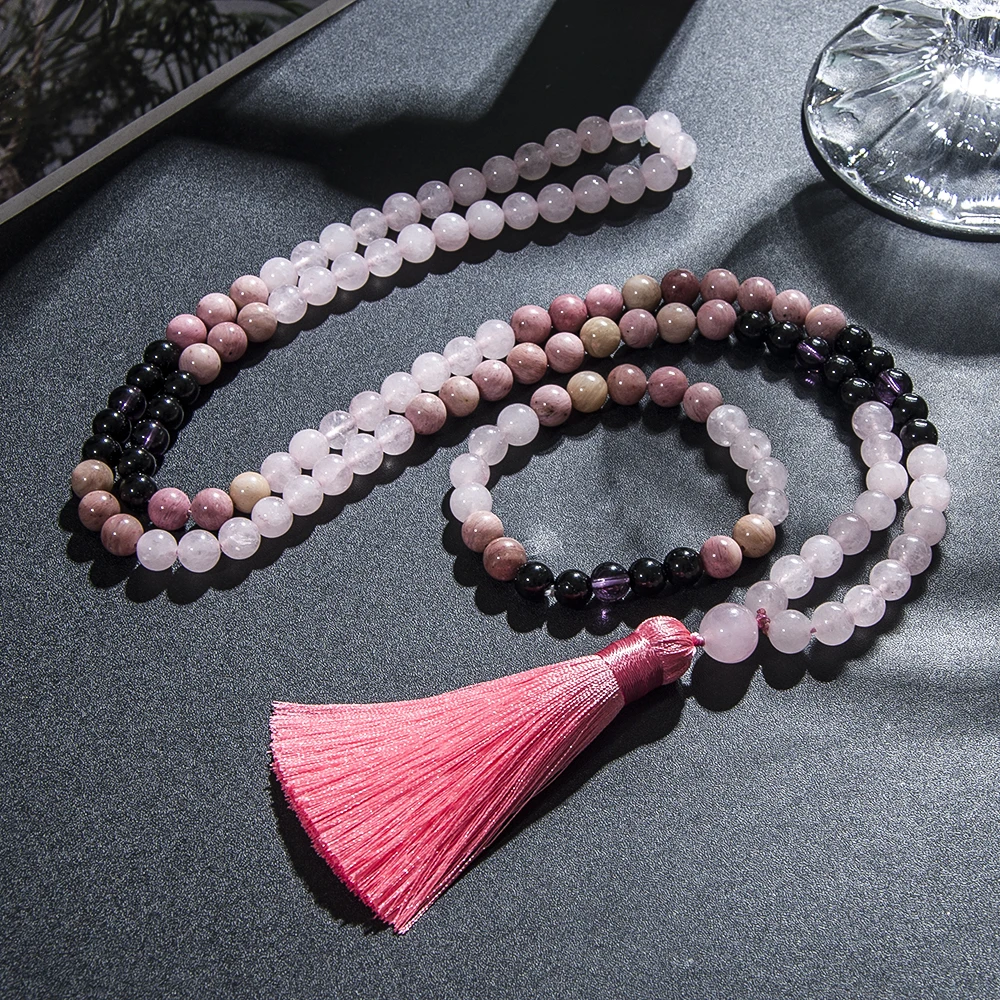 8mm Natural Rhodolite Rose Quartz 108 Mala Beads Necklace Men and Women Meditation Prayer Rosary Japamala Jewelry Set