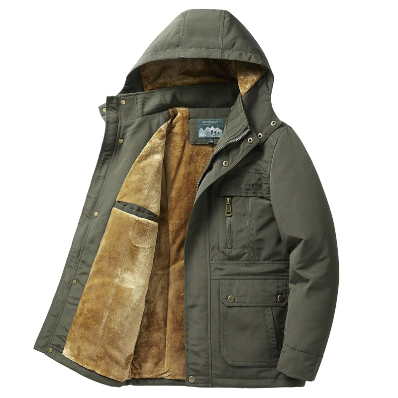 

Men's Mid-Length Fleece Windbreaker Hooded Jacket Plus Size Fashion Autumn Winter Thick Muti-pockets Coats Zipper Casual OutWear