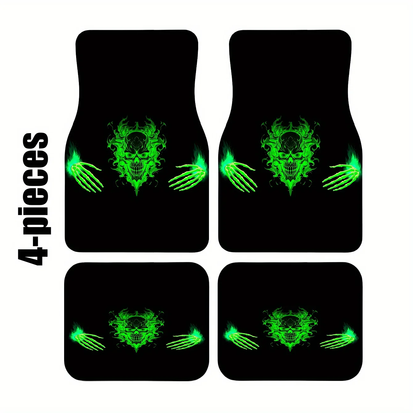 Universal Front And Rear Mats Featuring A Green 2D Flat Skull Pattern With A Fully Loaded Punk Texture
