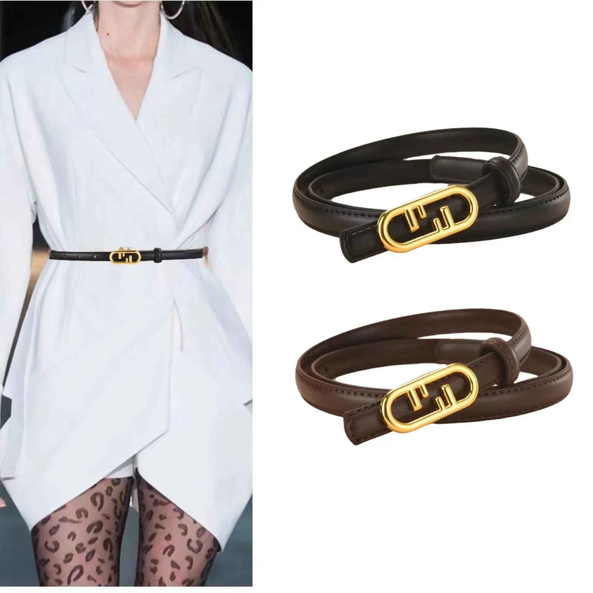 Ladies' Genuine Leather Belt Decorated F-shaped Buckle Thin Waist Belt Trendy Fashionable Overcoat Dress Match