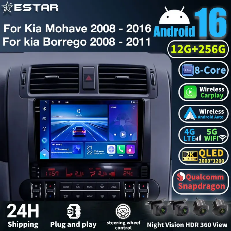 Radio para Auto con Android 16 para Kia Mohave 2008-2016, Borrego 2008-2011, Reproductor Multimedia GPS, Unidad Principal Navi, Cámara 360, Video, Estéreo
