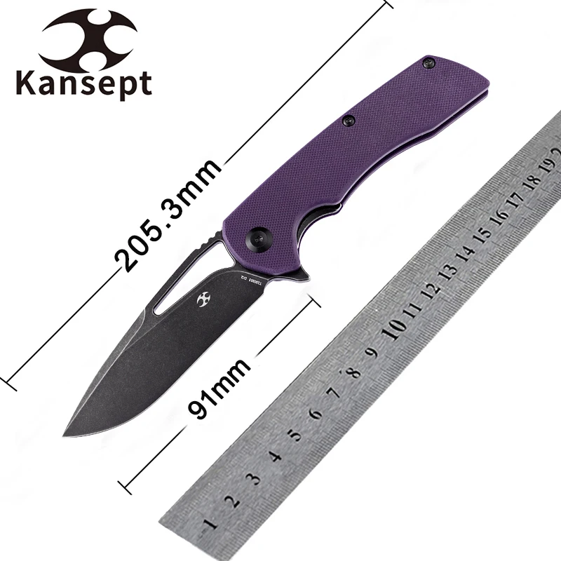 Kansept Kryo T1001B3 Folding Knife Kim Ning Designed 3.58'' Black Coating D2 +Purple G10 Thumb Hole & Flipper Pocket Knife EDC