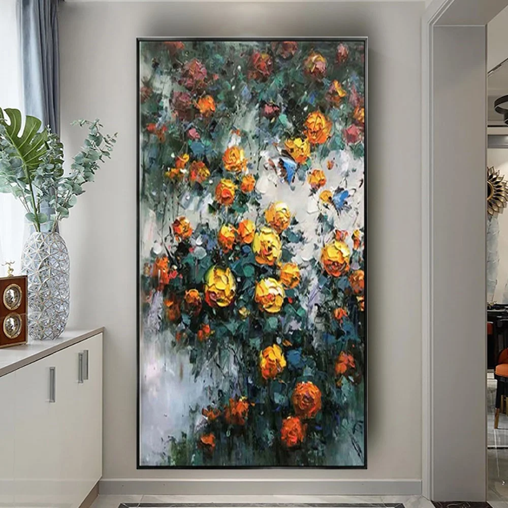 

100% Hand-Painted Yellow Flowers Canvas Oil Painting Knife Rose Wall Art Picture Decor Home Living Room Fields And Gardens Mural