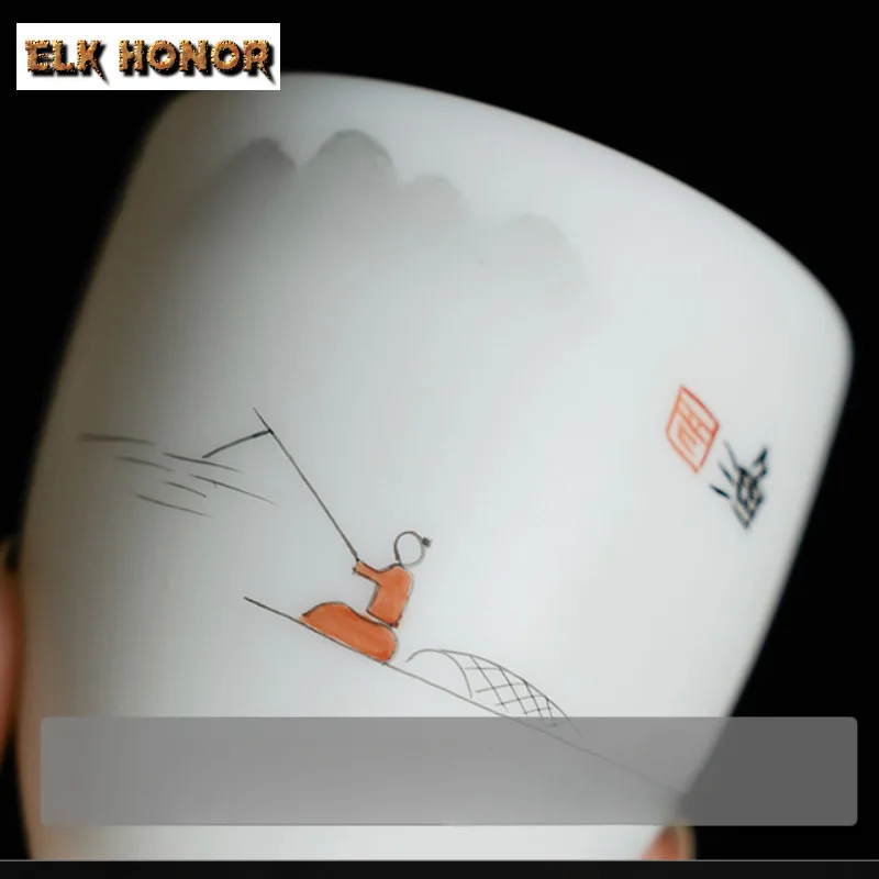 100 مللي لحم الضأن الدهون اليشم كوب رئيسي زن رسمت باليد المشهد فنجان الشاي السيراميك تذوق القدح الشاي القديم زوج كوب عطر المقاهي هدية