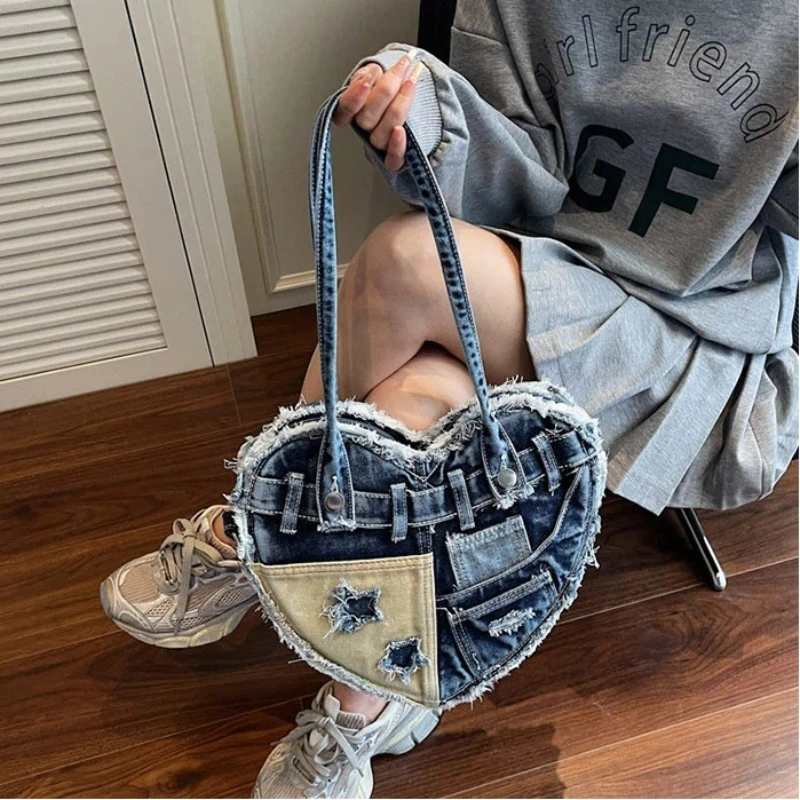 Denim Heart Handbags for Women 2025 New Cute Love Shape Underarm Shoulder Bag Large Capacity Casual Crossbody Bag Cute Retro Bag