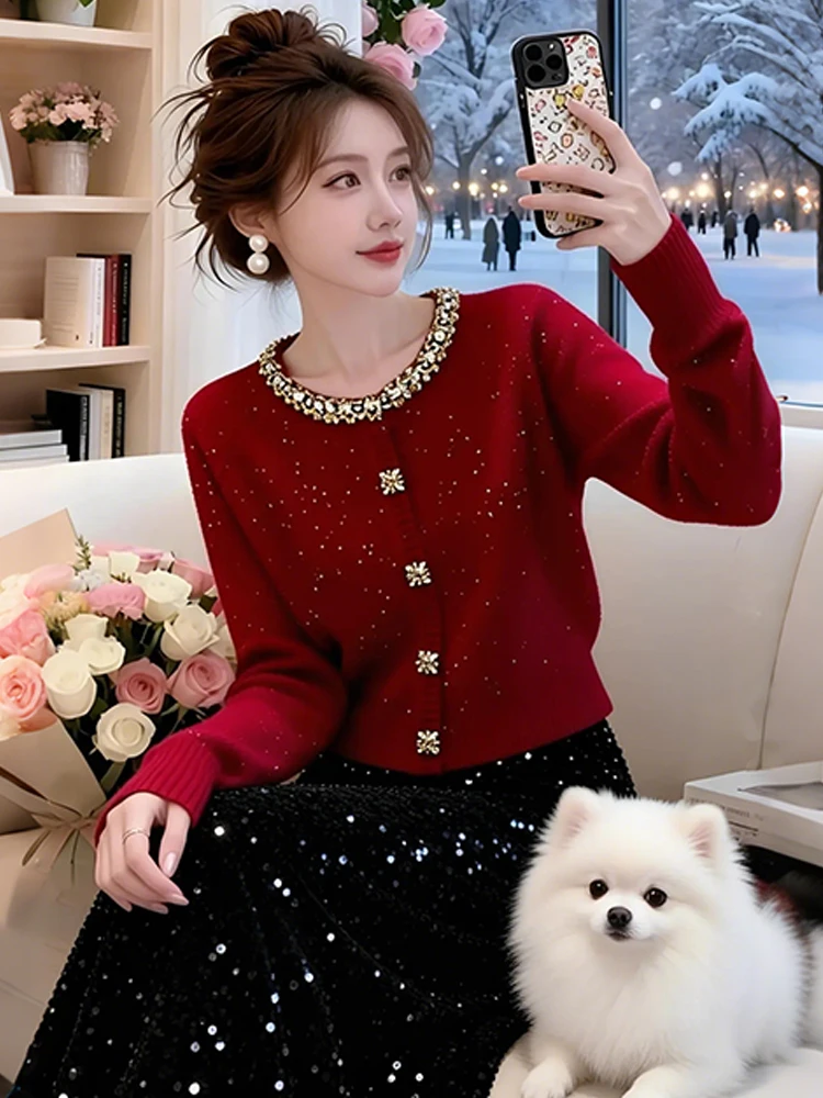

Ele Long Sve Knitwear Women's Slim Fit Diamond Embellied Cisas Heavy Work Sweater Comfortable Breathable mid Aut...