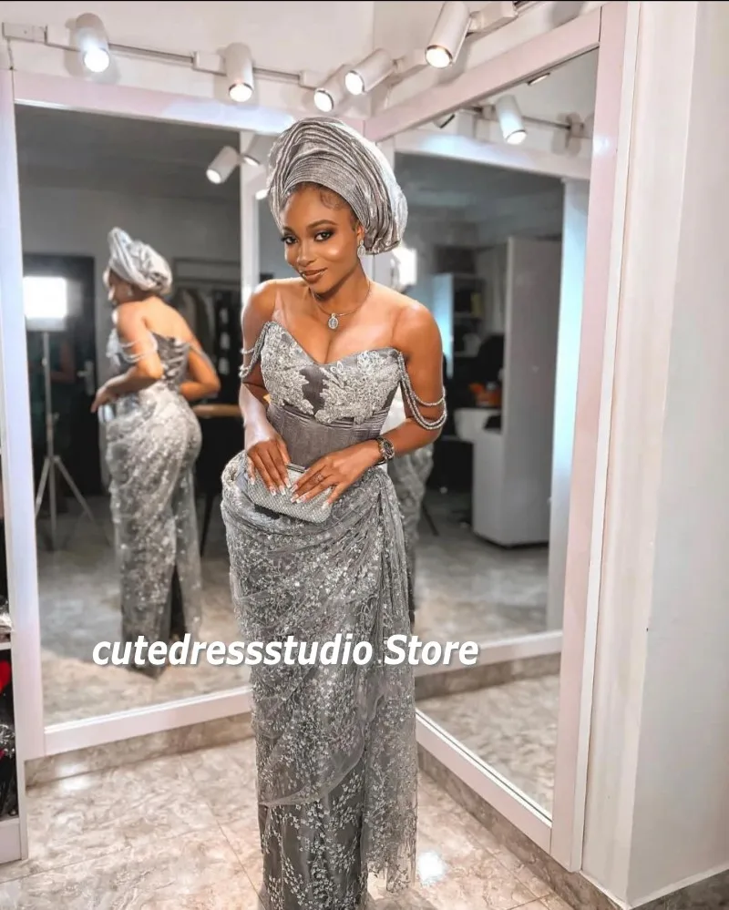 Owambe Style Silver Evening Dresses 2024 Sheer Neck Lace Mermaid Aso Ebi Prom Gowns African Women Wedding Party Dress Customized