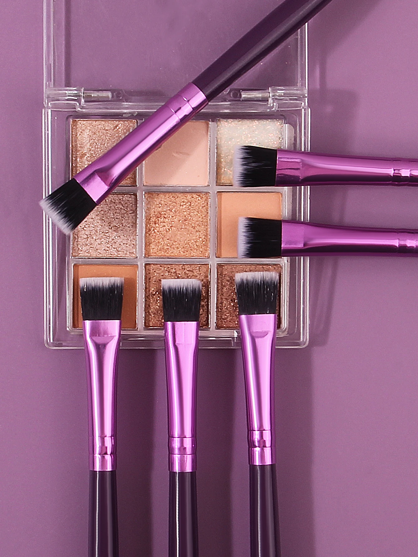 6 uds cepillo de cabeza plana con mango de madera púrpura, cepillo para sombra de ojos, cepillo para cejas, cepillo corrector, herramienta de maquillaje de ojos multiusos