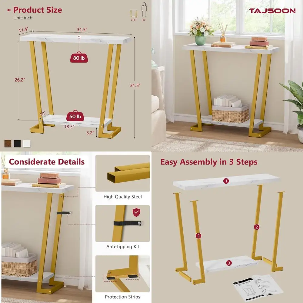 

Rustic 2-Tier Console Table 31.5, Industrial Style Entryway Shelf, Gold & White Accent for Hallway & Living Room