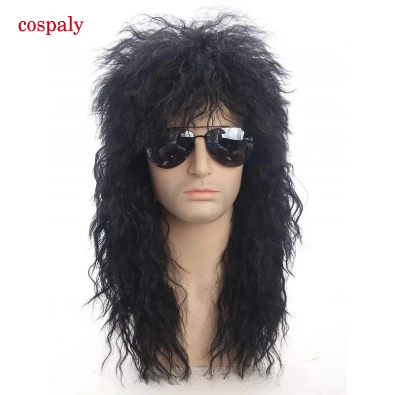 Lang krullend synthetische pruik grijs zwarte pruik met pony mannelijke cosplay Halloween pruiken gezwollen hoge temperatuur vezel voor jonge mannen