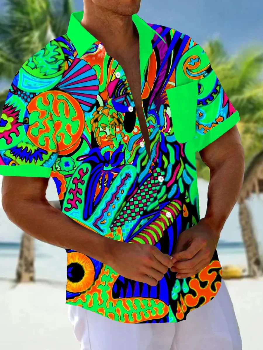 Men's Short Sleeve shirt Art Painting Abstract Cartoon Print Summer Button Shirts Camping Shirt Short Sleeve Men's Casual Shirt