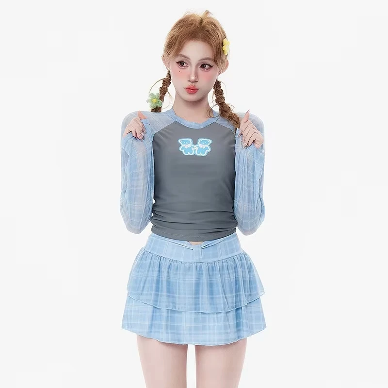 

Осенний новый купальник, женский солнцезащитный крем с длинными рукавами, спортивный комплект из двух предметов, юбка с разрезом, консервативная и тонкая, чтобы прикрыть живот