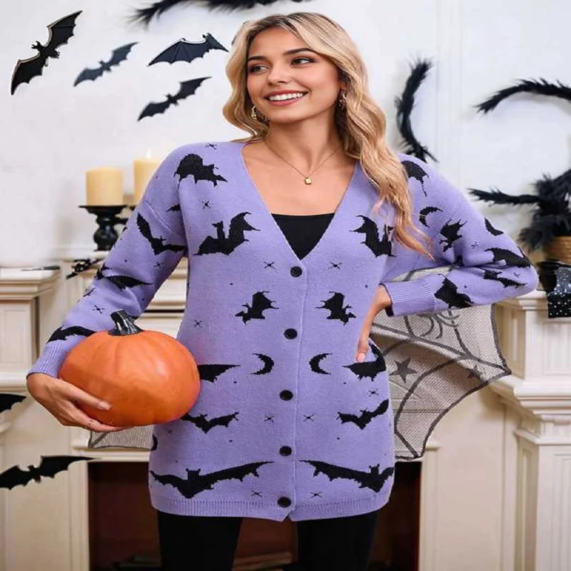 

Women'S Button Cardigan Long Sleeve Loose Casual Knit Cardigan Halloween Bat